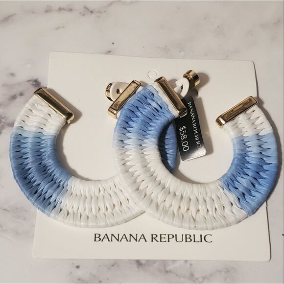 Banana Republic Blue and White Ombre Woven Seagrass Hoop Earrings - Picture 1 of 4